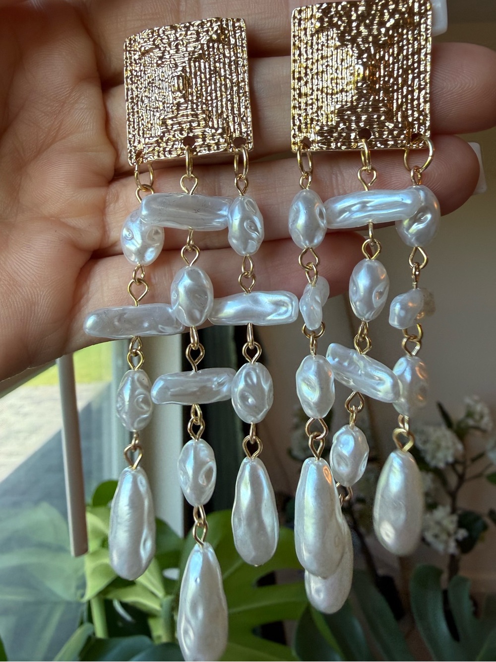 Gold and Pearl Drop Chandelier Earrings - Bridal Women Jewelry - Picture 6 of 6